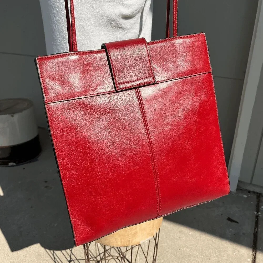 VTG Red Leather Tote Bag Structured Shoulder Purse Minimalist Office Chic